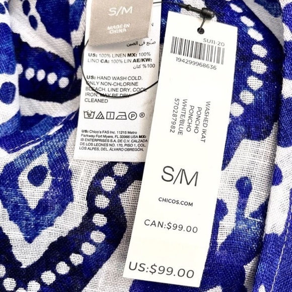 Chico's Ikat Poncho Linen White/Blue - Picture 4 of 8